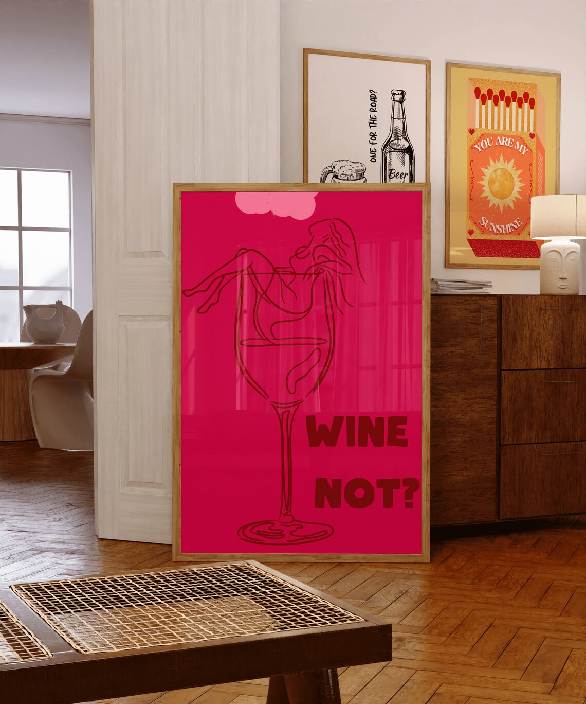 Wine Not Hot Pink Giant Wine Glass Line Art Funny Kitchen Poster