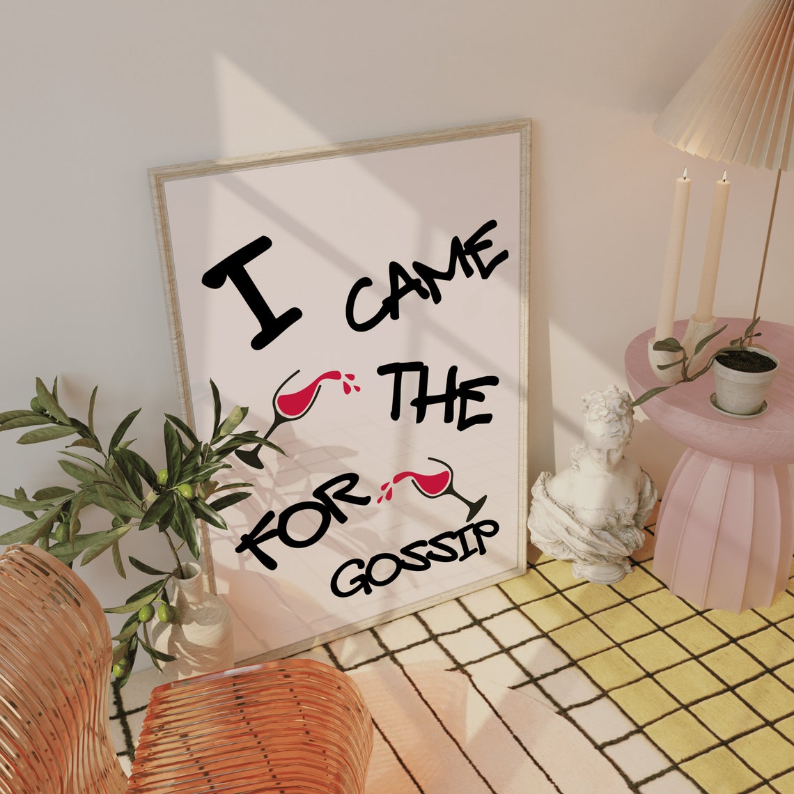 I Came for the Gossip Red Wine Glasses Quote Funny Kitchen Wall Art - Image 2