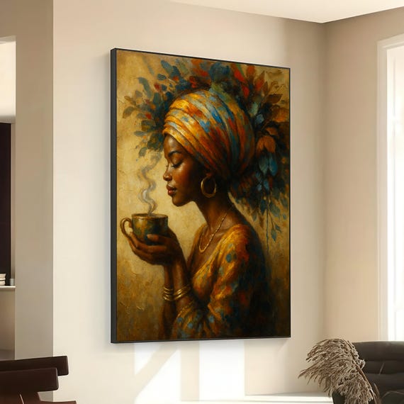 Elegant African Woman With Headwrap Holding Steaming Cup Canvas Wall Art Ethnic Portrait Painting Warm Tones Home Decor Cultural