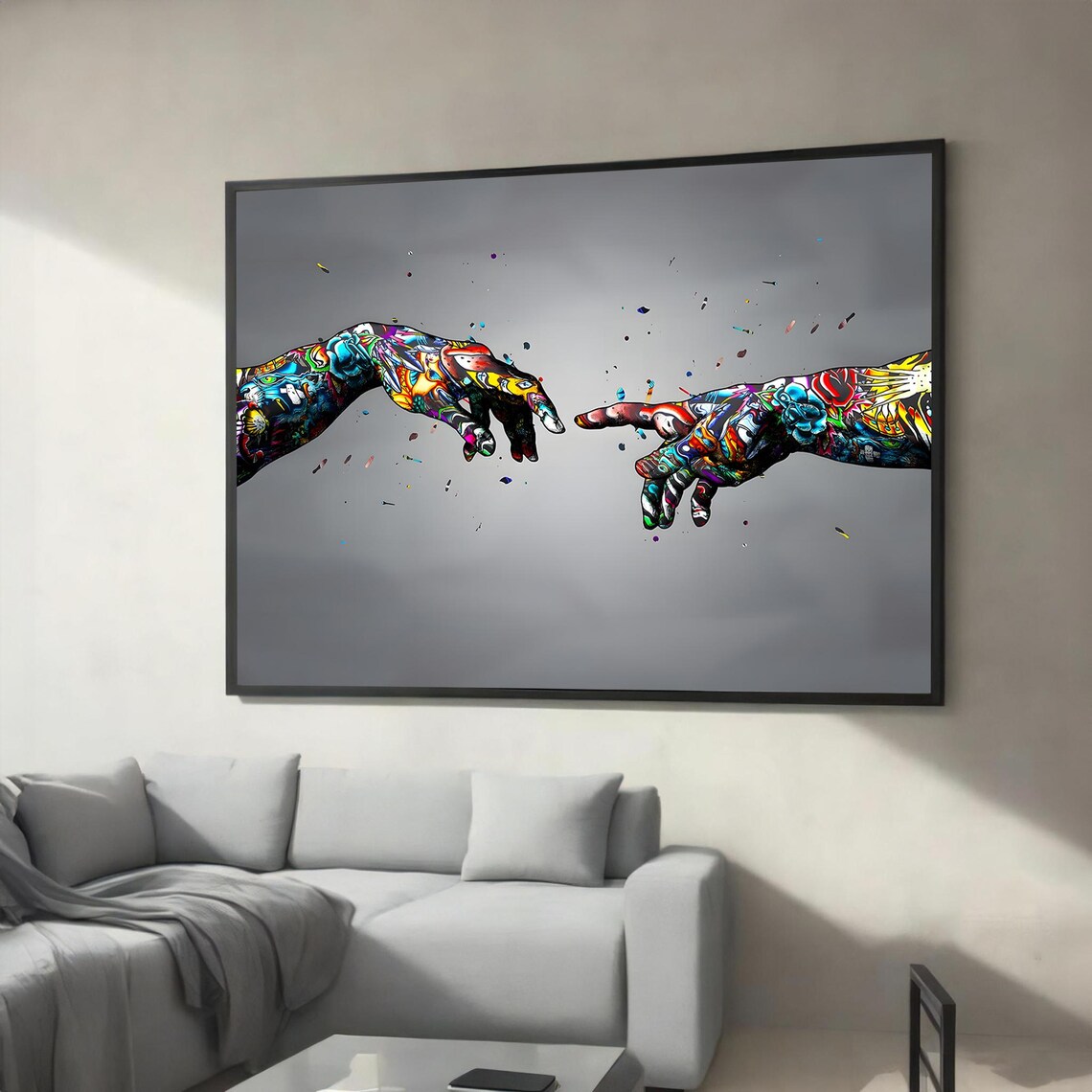 Tattooed Creation Of Adam Hands Reaching Street Art Style Poster
