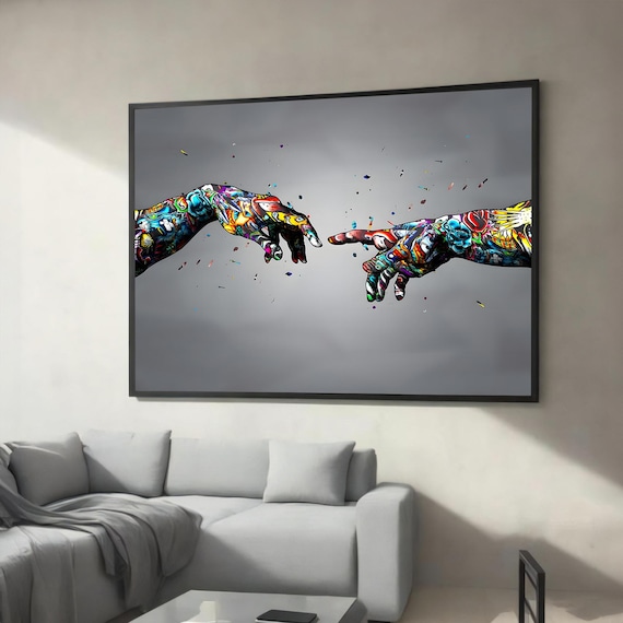 Tattooed Creation Of Adam Hands Reaching Street Art Style Poster