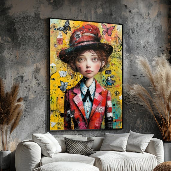 Whimsical Girl Graffiti Canvas Pop Surreal Portrait With Hat And Butterflies Bright Urban Street Art Style Wall Decor For Modern Spaces