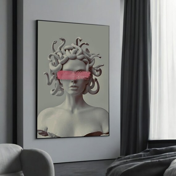 Medusa Bust With Pink Brushstroke Canvas Painting Gift Bold And Minimalist Art For Modern Home Decor