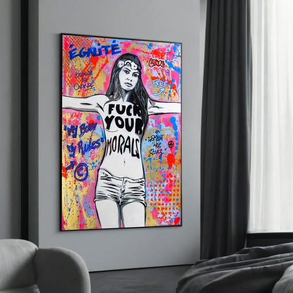 Bold Graffiti Canvas Painting Feminist Empowerment Message F Your Morals Modern Urban Art For Strong Statement Gifts
