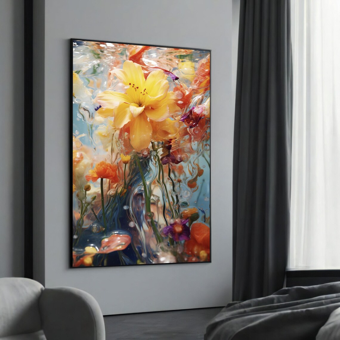 Vibrant Yellow Flowers In Abstract Watercolor Waves Painting Poster