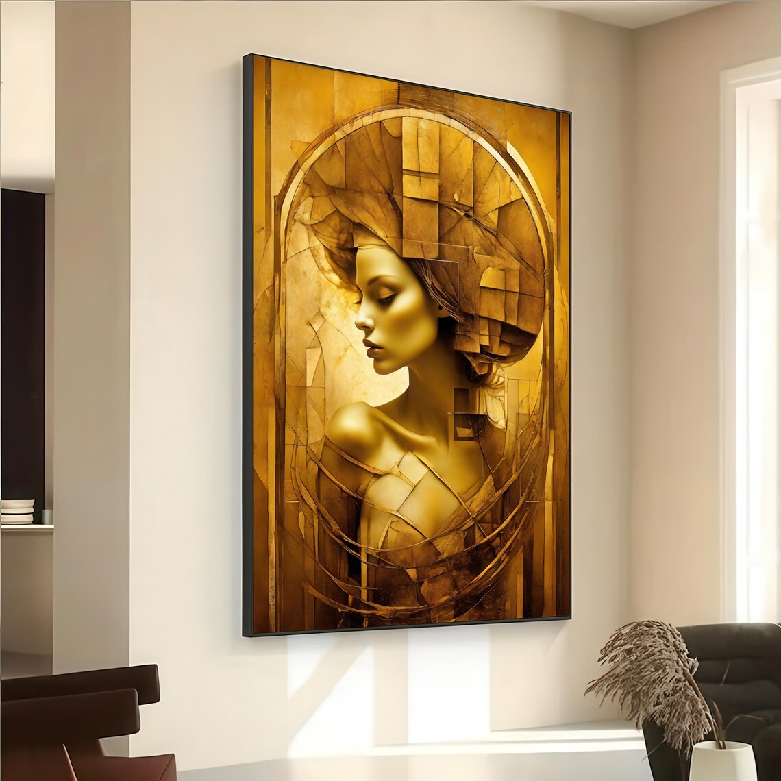 Golden Abstract Female Portrait Art Deco Geometric Warm Tones Poster