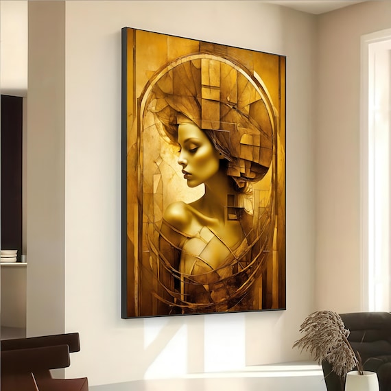 Golden Abstract Female Portrait Art Deco Geometric Warm Tones Poster