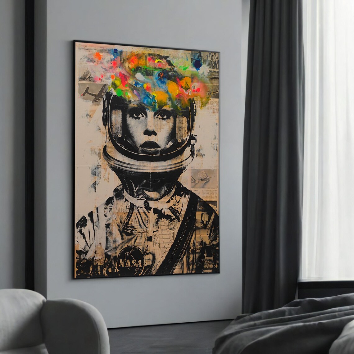 Astronaut Woman with Colorful Paint Splash NASA Collage Poster