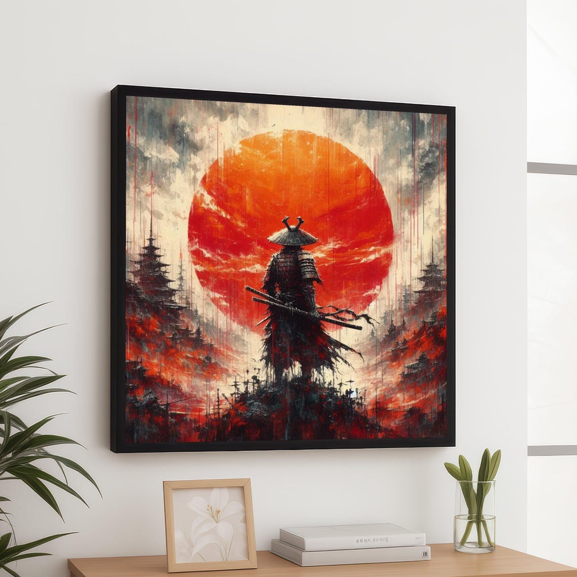 Samurai Warrior Silhouette Giant Red Sun Japanese Art Poster