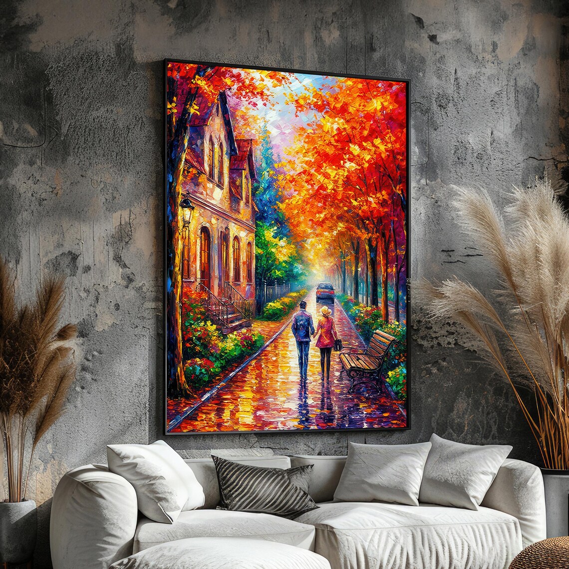 Romantic Couple Walking Autumn Street In Fall Rain Painting Poster