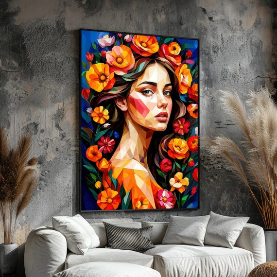 Geometric Floral Woman Portrait Canvas Colorful Low Poly Style Art Modern Female Face With Flowers Bold Contemporary Wall Decor