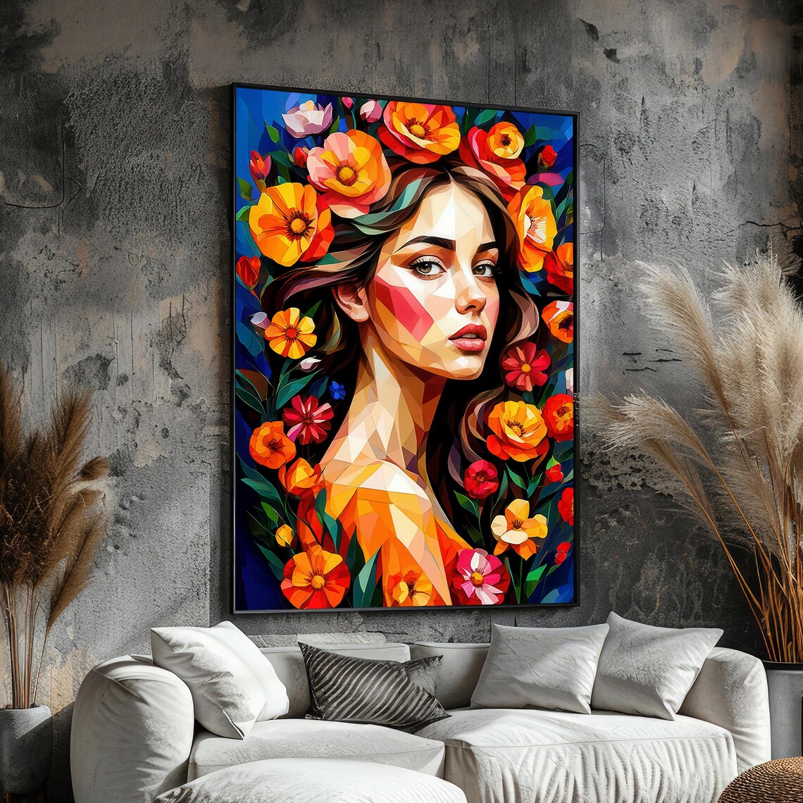 Geometric Low Poly Woman With Vibrant Floral Crown Art Poster