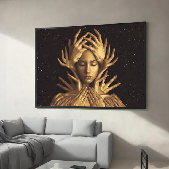 Surreal Golden Hands Embracing Serene Woman Mystical Calm Poster
