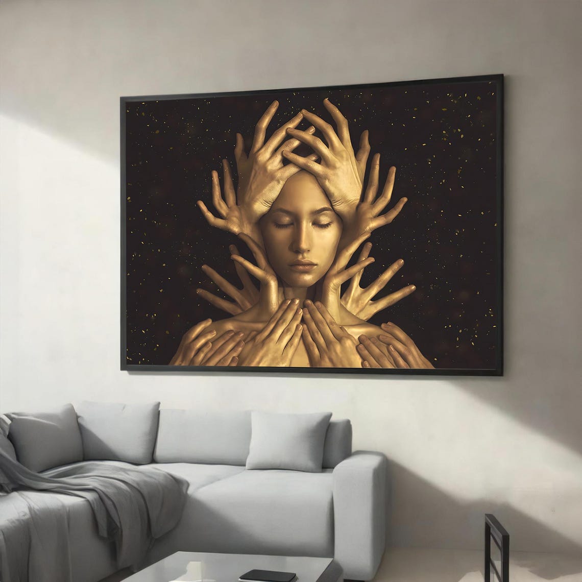 Surreal Golden Hands Embracing Serene Woman Mystical Calm Poster