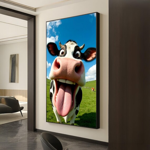 Playful Closeup Cow Canvas Wall Art Funny Farm Animal Print Whimsical Country Decor Bright Blue Sky Humorous