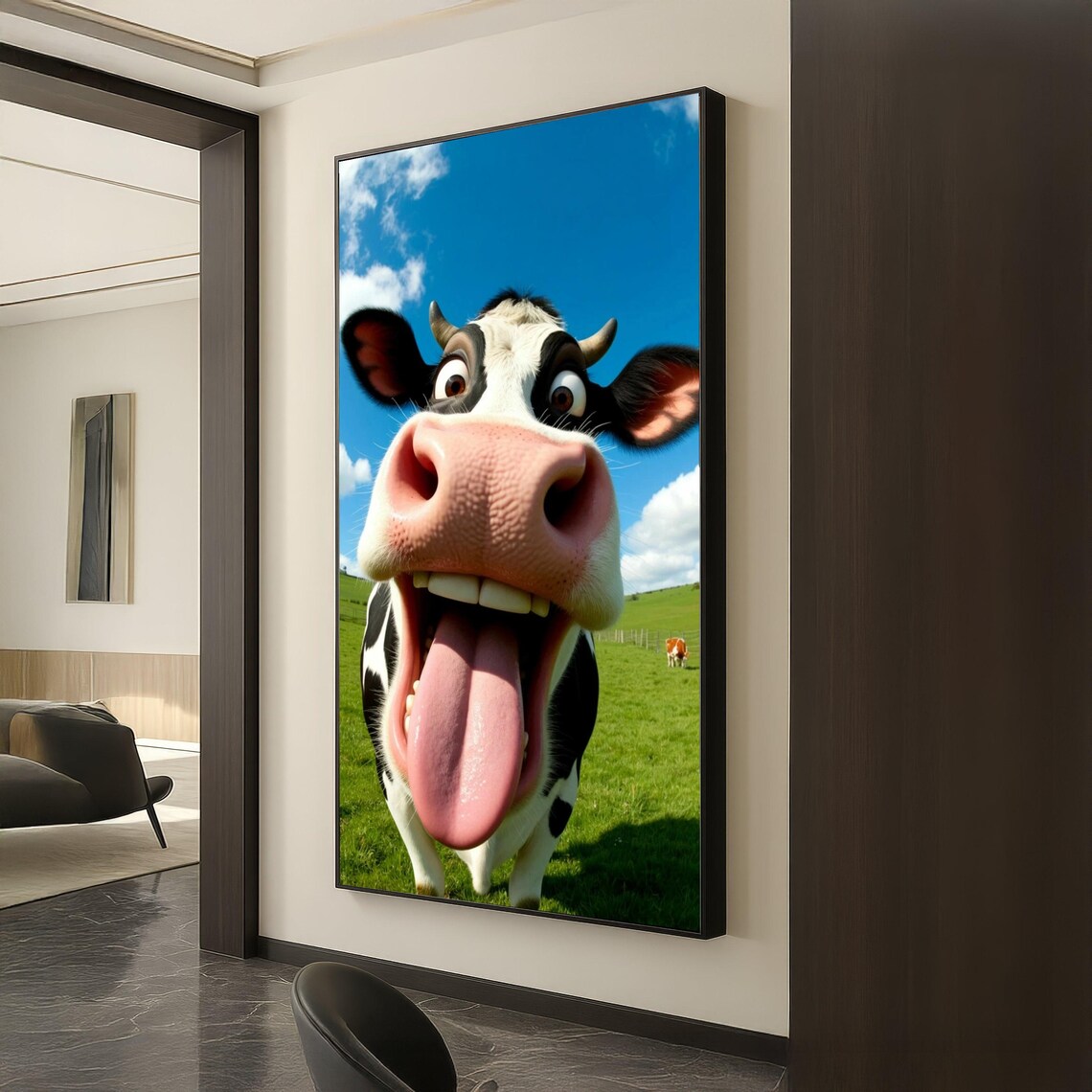 Funny Cow Tongue Out Closeup Blue Sky Green Field Animal Poster