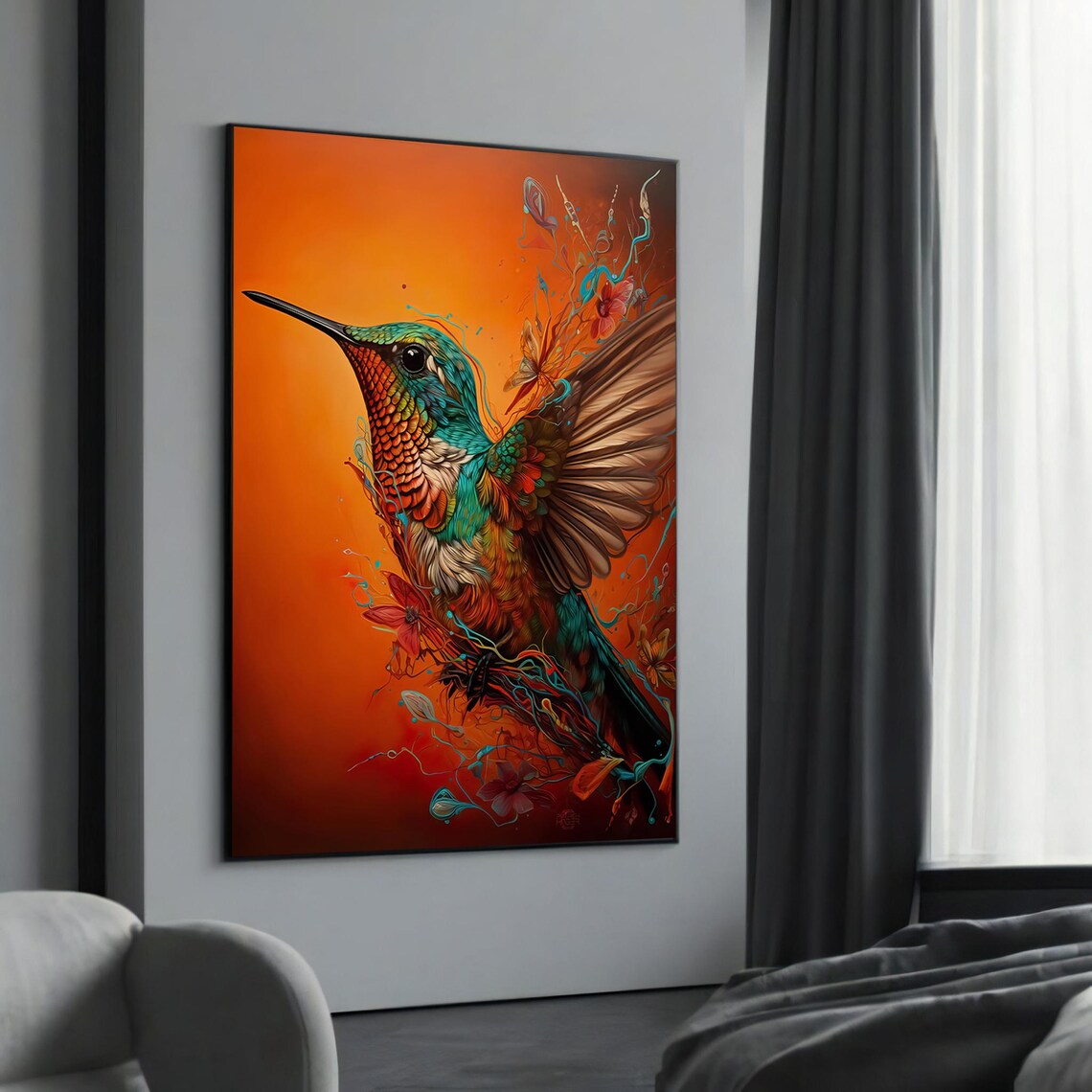 Vibrant Hummingbird with Butterflies on Blazing Orange Poster