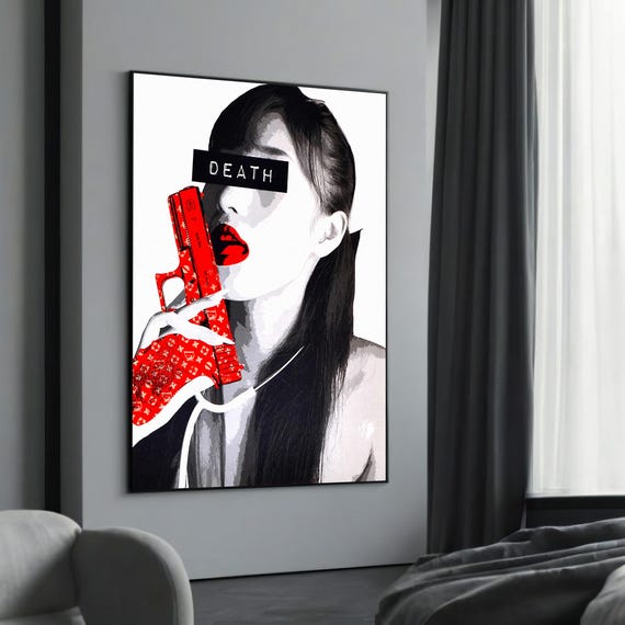 Bold Pop Art Gun Canvas Provocative Modern Wall Red And Black Street Style Decor Ready To Hang