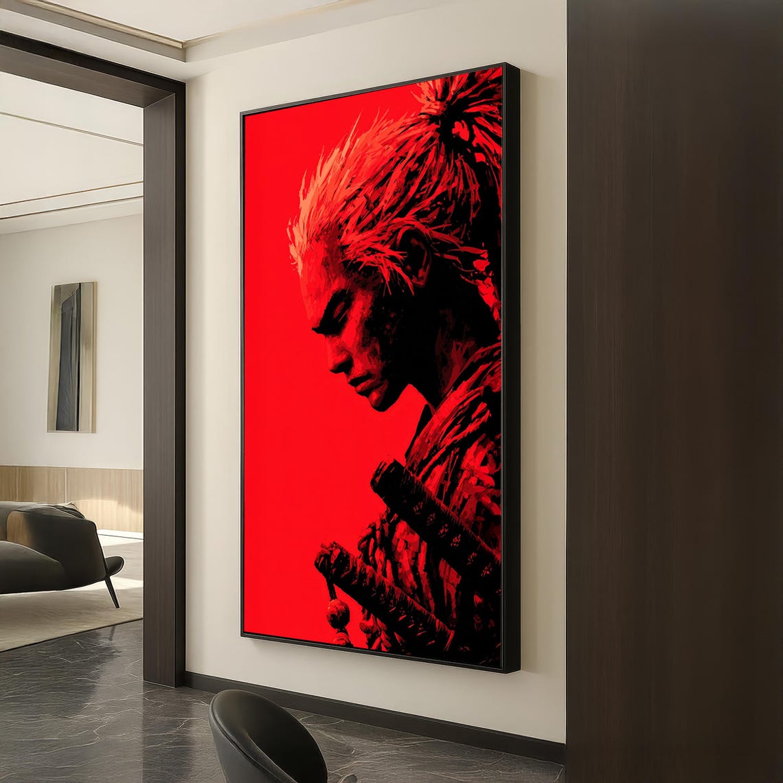 Samurai Warrior Profile Bold Red Background Katana Art Poster