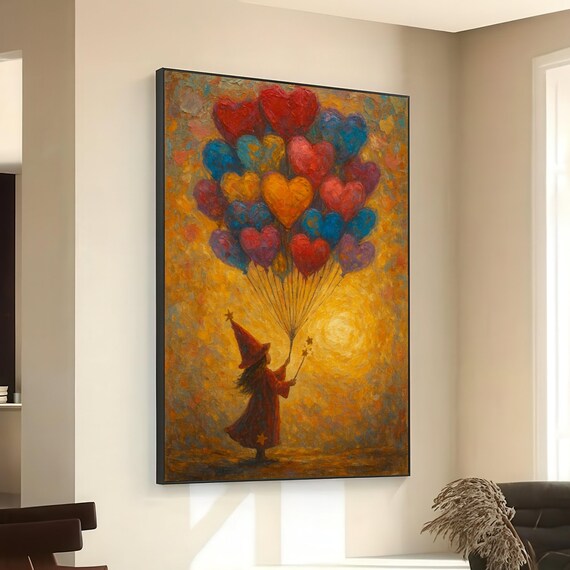 Magical Girl Heart Balloons Wizard Red Hat Whimsical Fantasy Poster