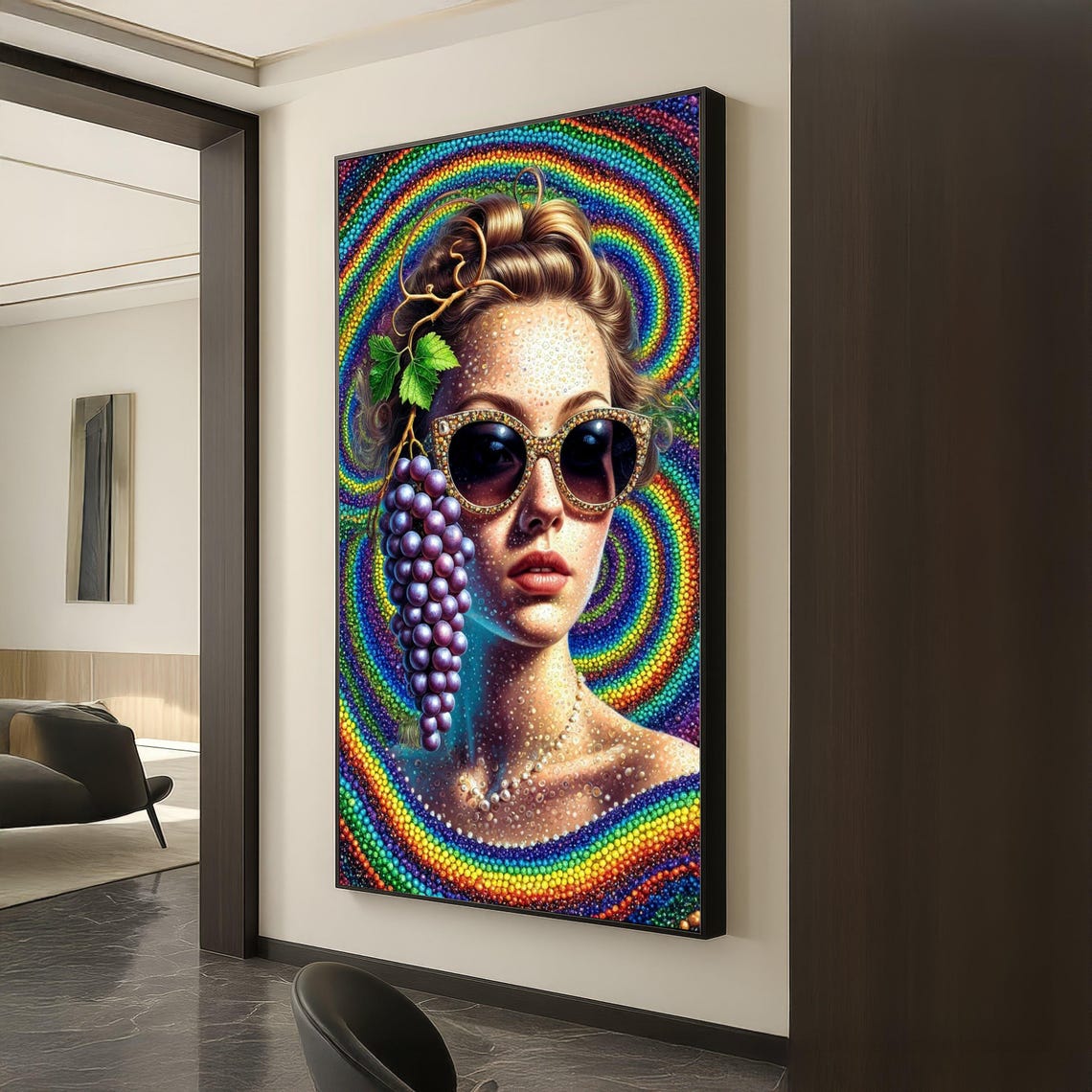 Psychedelic Woman Portrait Grape Cluster Rhinestone Rainbow Art Poster