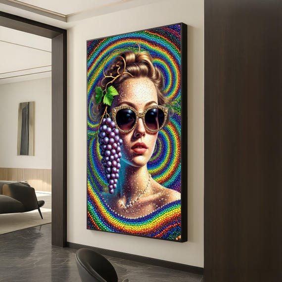 Psychedelic Woman Portrait Canvas Grape Cluster Wall Art Colorful Spiral Background Glam Sunglasses Artwork Modern Home Decoration