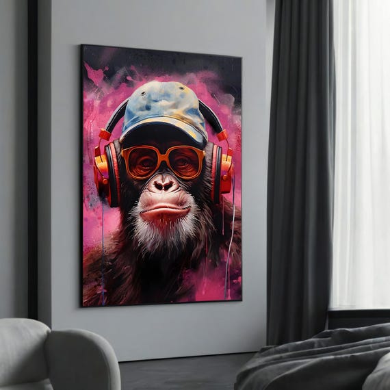 Trendy Monkey With Headphones And Sunglasses Cool Canvas Art For Modern Home Decor Gift Ideas