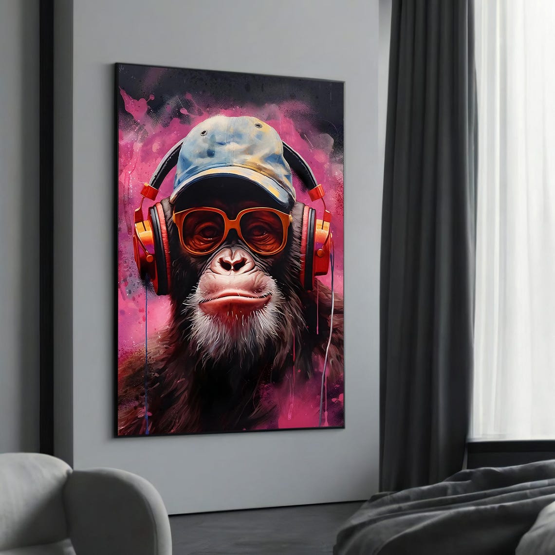 Cool Chimp with Headphones Sunglasses and Cap Funny Pink Poster