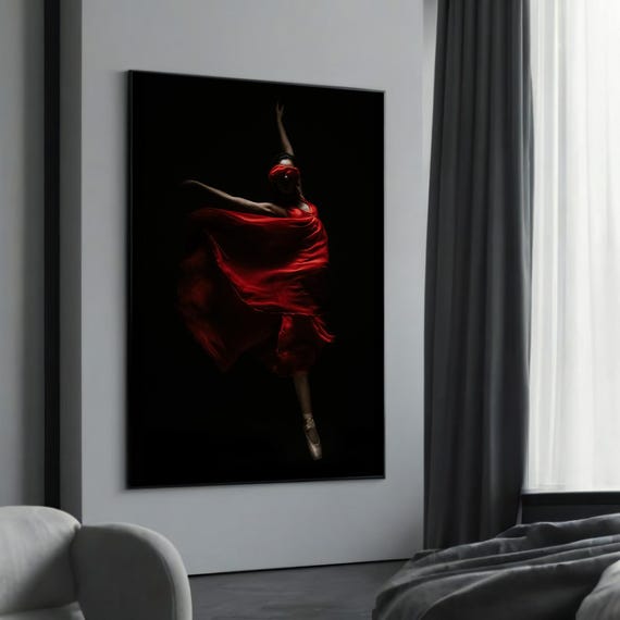 Dramatic Ballet Dancer Canvas Art Red Dress In Motion Wall Decor Elegant Dance Print Dark Background Artwork