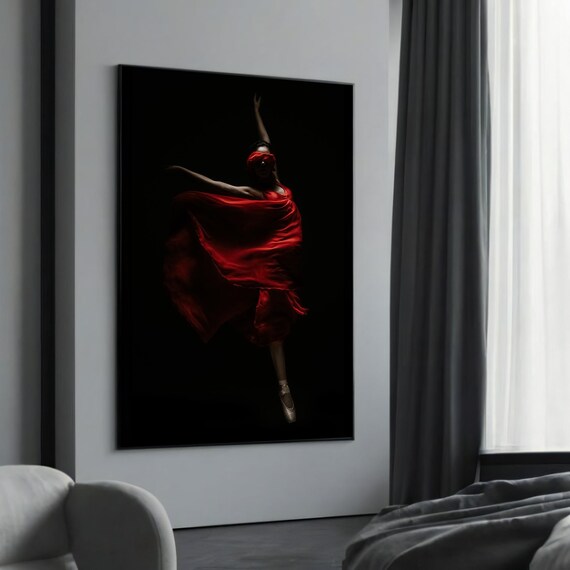 Dramatic Ballet Dancer Red Dress Blindfold Dark Motion Art Poster