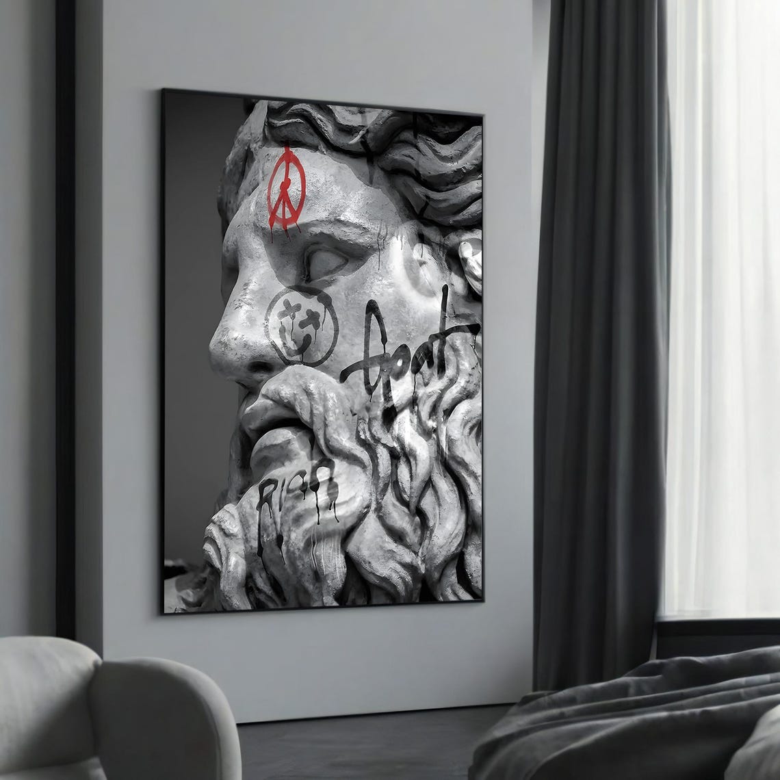 Graffiti Zeus Face Red Peace Symbol Monochrome Black White Art Poster