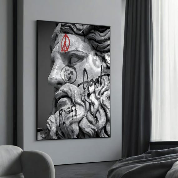 Graffiti Zeus Face Canvas Painting Classic Mythological Art With Bold Urban For Modern Mythology Enthusiasts
