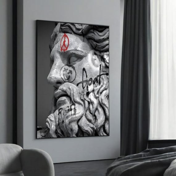 Graffiti Zeus Face Red Peace Symbol Monochrome Black White Art Poster