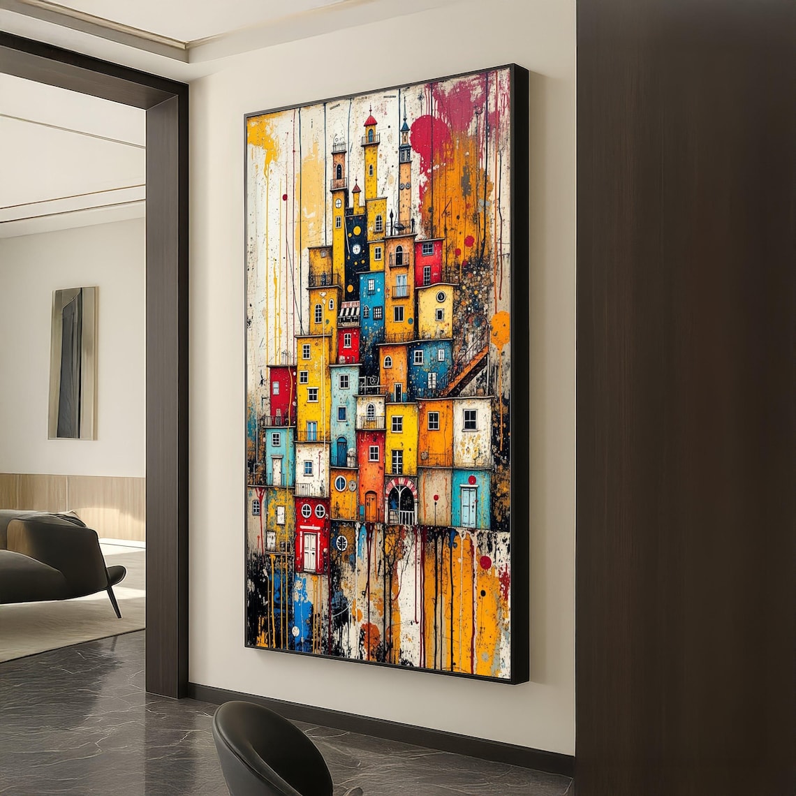Colorful Cityscape Stacked Houses Paint Drip Urban Abstract Art Poster