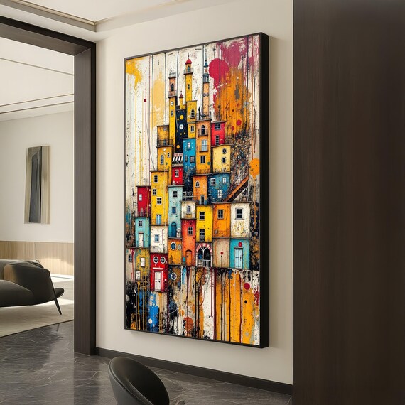 Colorful Cityscape Stacked Houses Paint Drip Urban Abstract Art Poster
