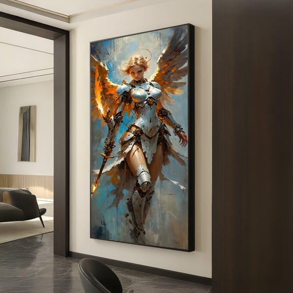 Futuristic Warrior Angel Canvas Scifi Armor Wall Art Fantasy Female Fighter Flaming Sword Artwork Mechanical Wings Decor