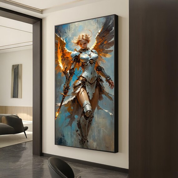 Warrior Angel Armor Wings Flaming Sword Fantasy Sci Fi Battle Poster