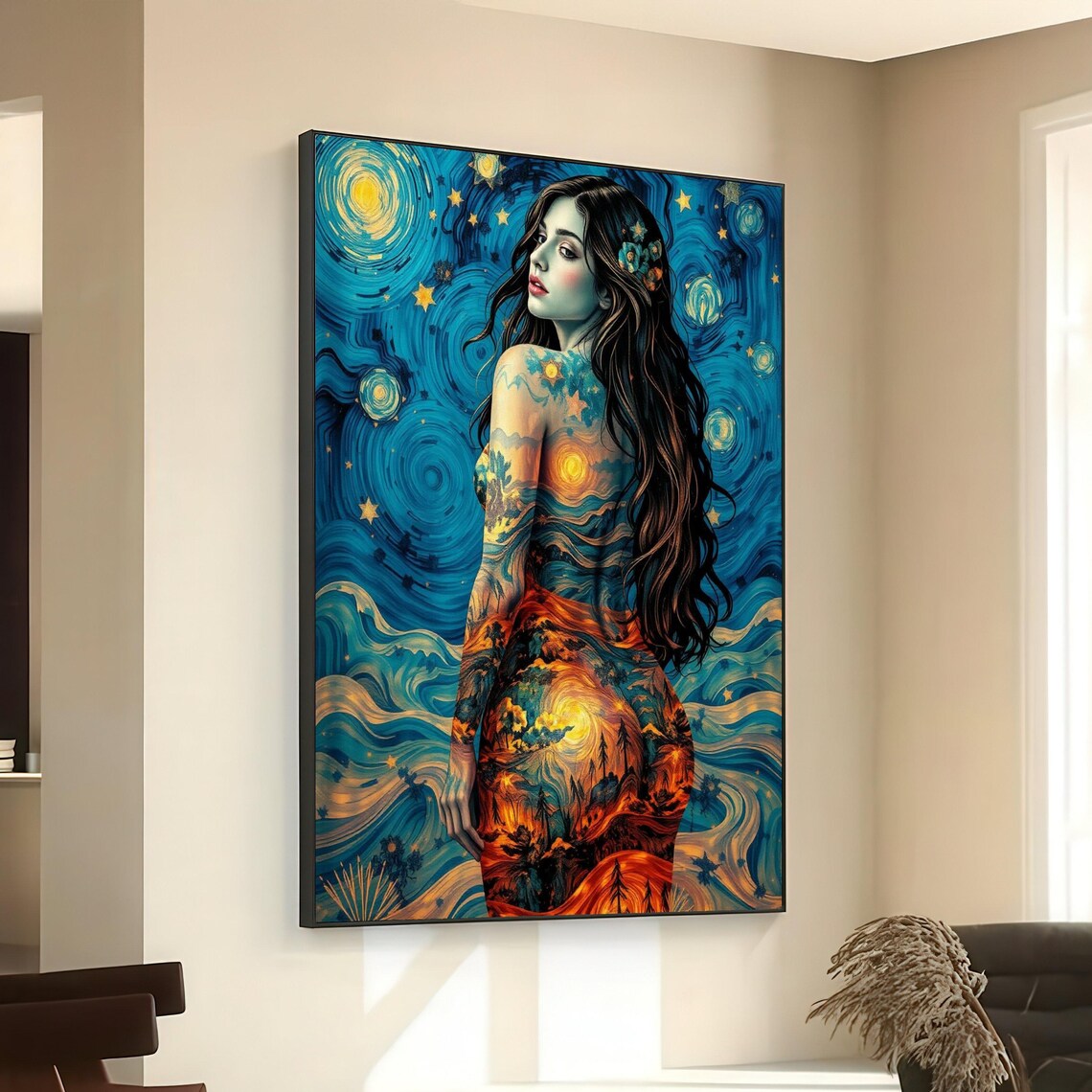 Starry Night Woman Fiery Landscape Body Tattoo Canvas Wall Art