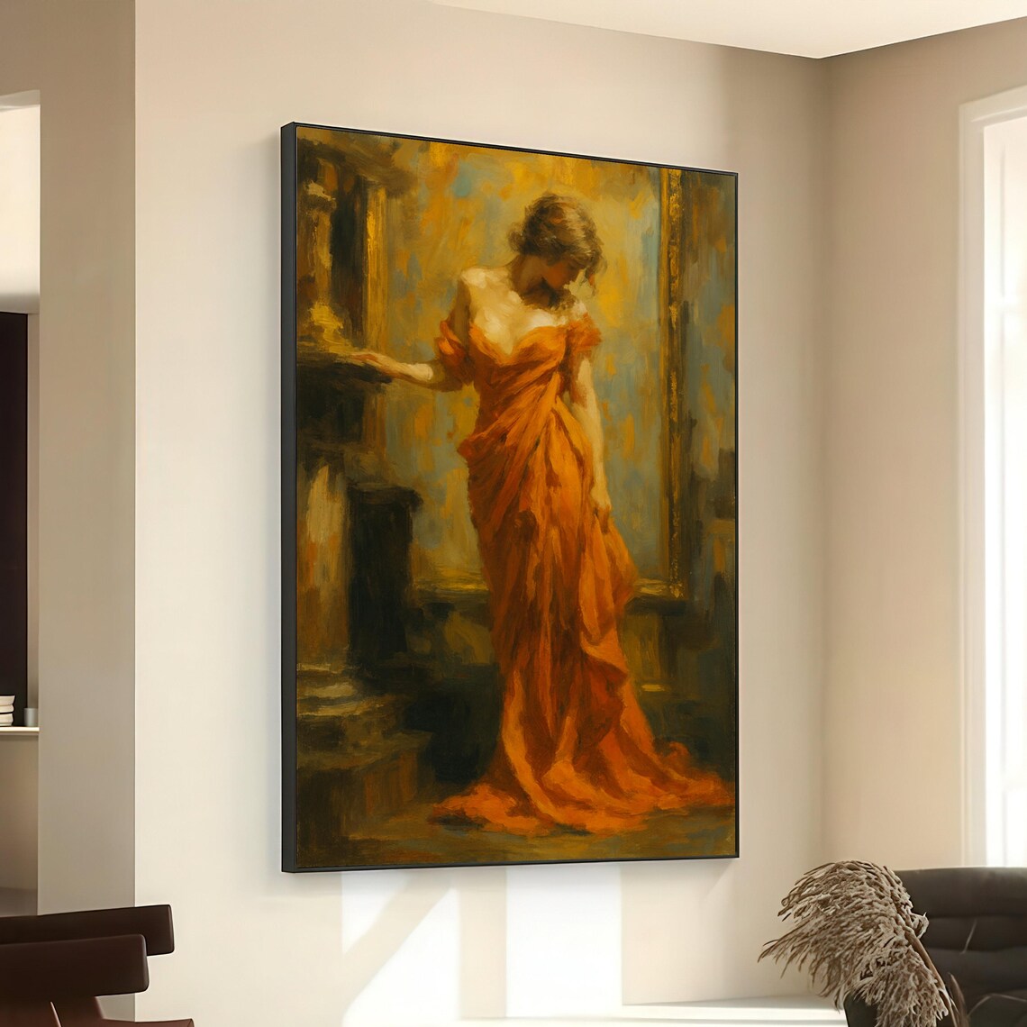 Woman In Flowing Orange Dress Classical Figurative Art Poster
