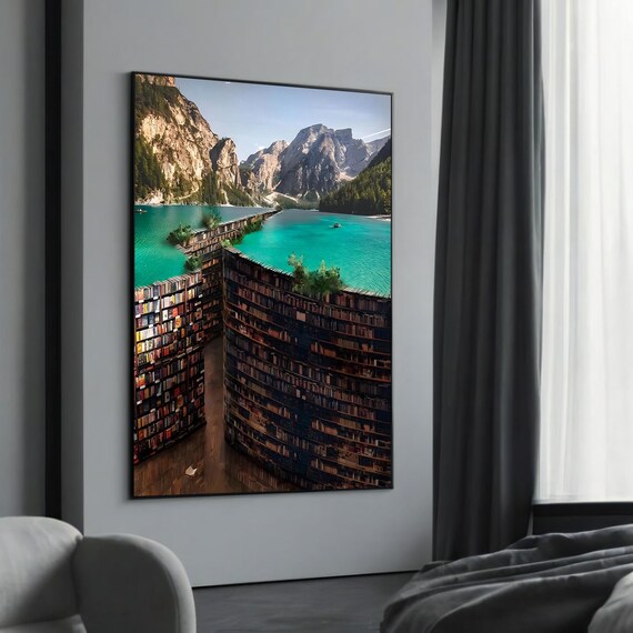 Surreal Library Lake Dreamy Mountain Bookscape Fantasy Poster
