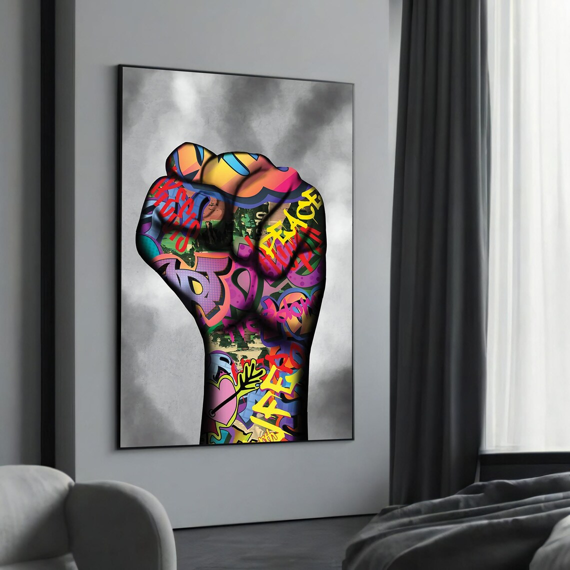 Vibrant Graffiti Fist with Peace and Love Street Art Symbol Poster