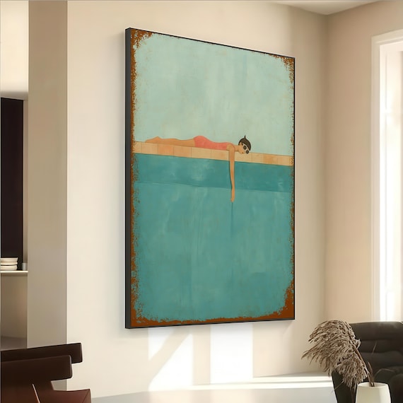 Minimalist Poolside Woman, Retro Summer Art Print