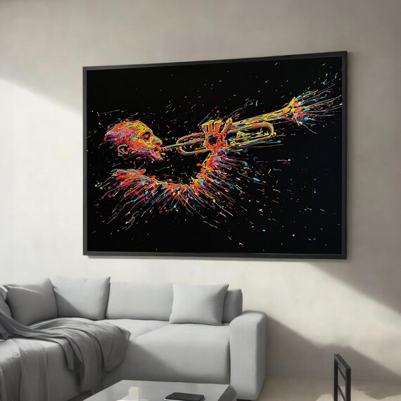 Vibrant Jazz Trumpet Player in Neon Paint Splatter Music Art Poster