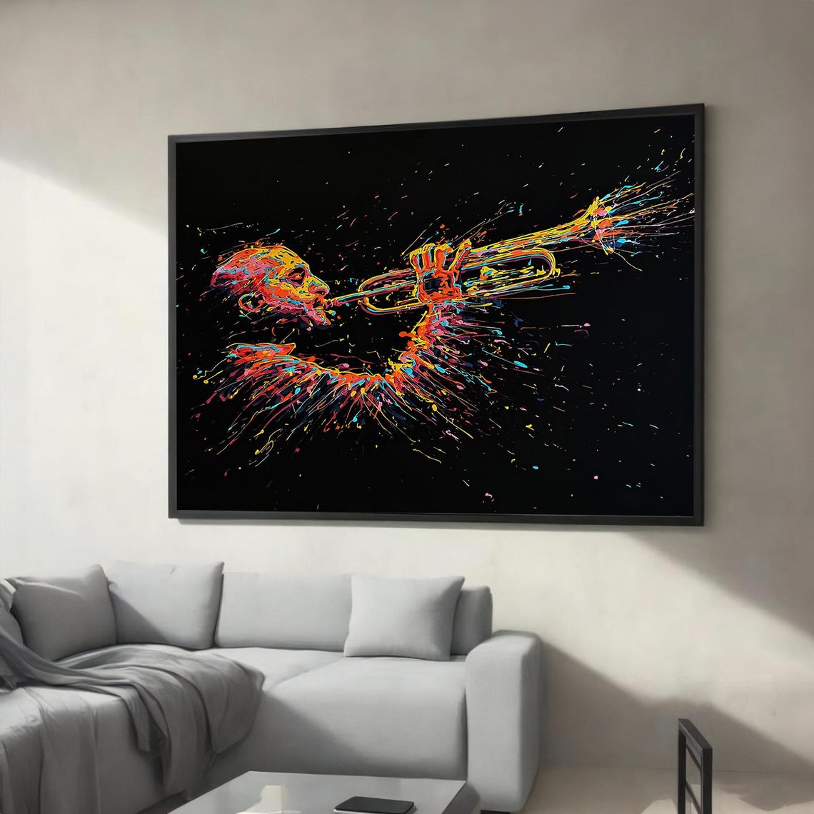 Vibrant Jazz Trumpet Player in Neon Paint Splatter Music Art Poster