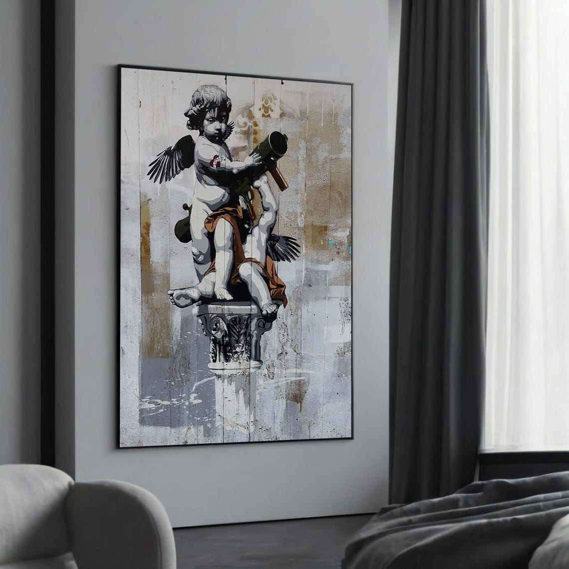 Cherub With Rocket Launcher Rustic Wood Plank Graffiti Art Poster
