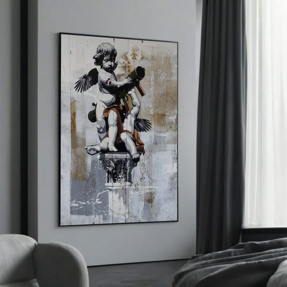 Cherub With Rocket Launcher Graffiti Canvas Painting Bold Street Art A Modern Twist On Classical Imagery For Lovers