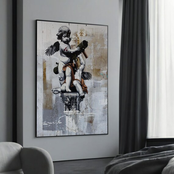 Cherub With Rocket Launcher Rustic Wood Plank Graffiti Art Poster