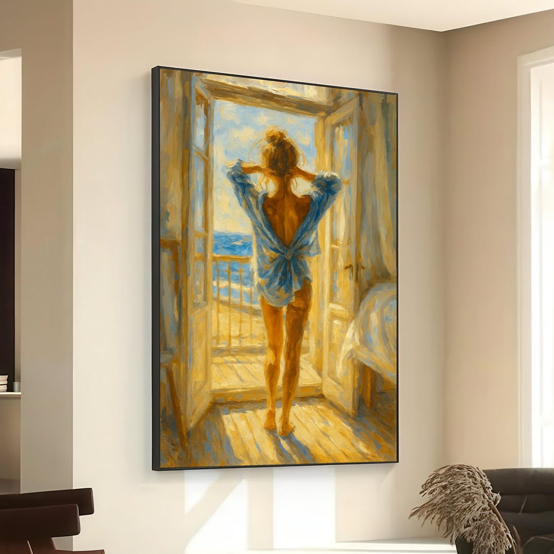 Morning Light Balcony Woman Blue Shirt Ocean View Serene Poster