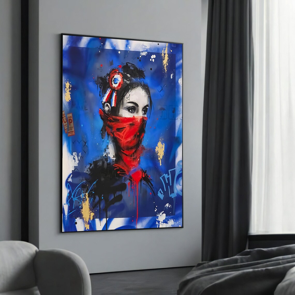 Revolutionary Woman Red Scarf Blue Graffiti Portrait Art Poster
