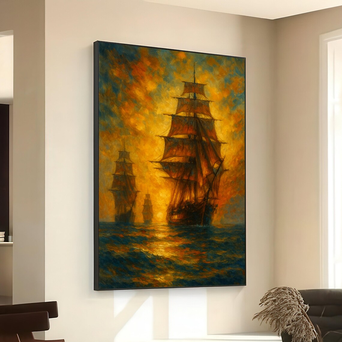 Vintage Tall Ships At Golden Sunset Dramatic Maritime Ocean Painting Poster